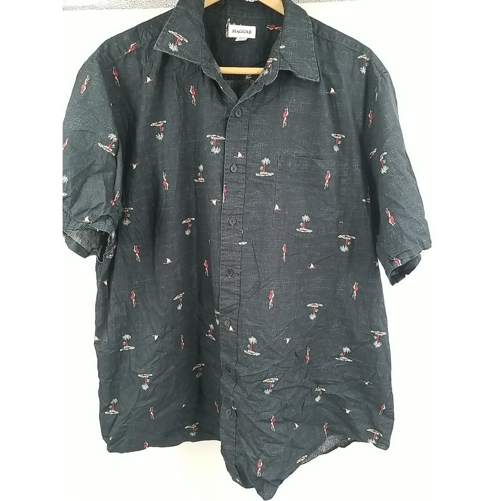Haggar‎ Mens Blue Beach Print Short Sleeve Button Up Shirt 2XLT Big & Tall